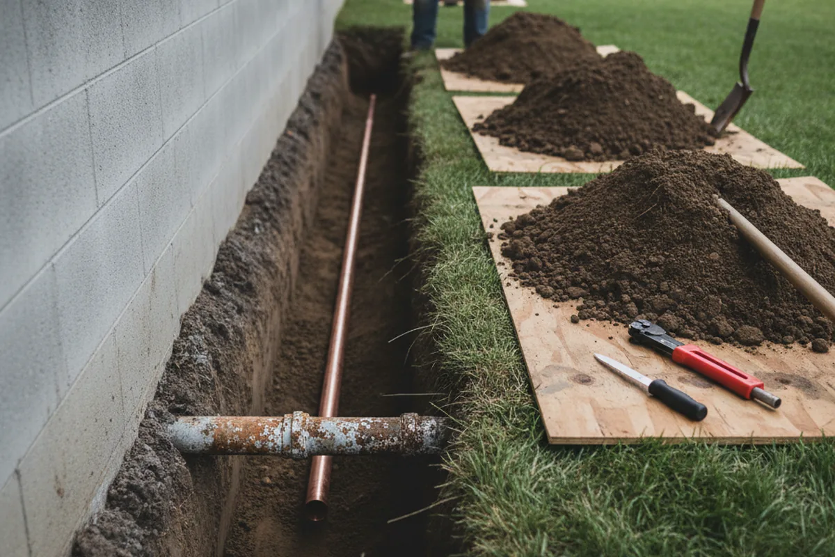 Excavated water line trench during Sewer Line Repair in Cottonwood
